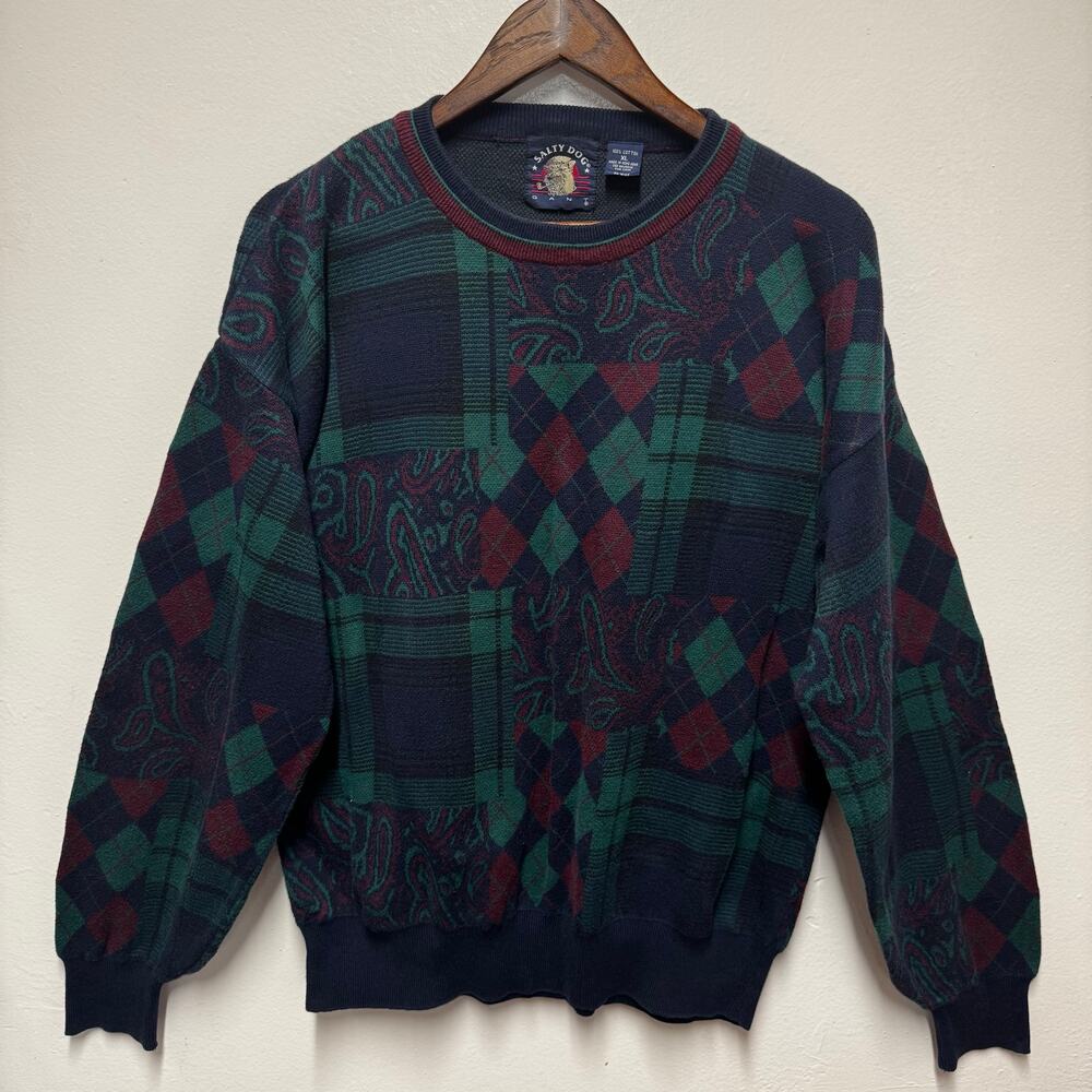 Salty Dog Gang XL 100% Cotton Sweater Plaid Argyle Paisley Retro Vintage Grandpa